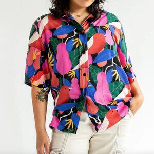 Vibrant Bird Print Button Down Shirt